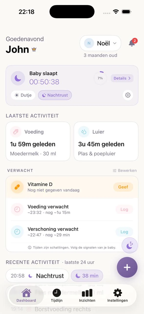 BabyNoel dashboard met dagoverzicht