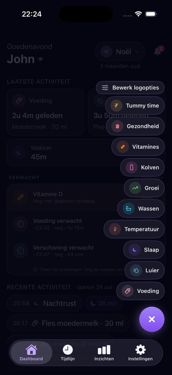 BabyNoel dashboard in dark mode