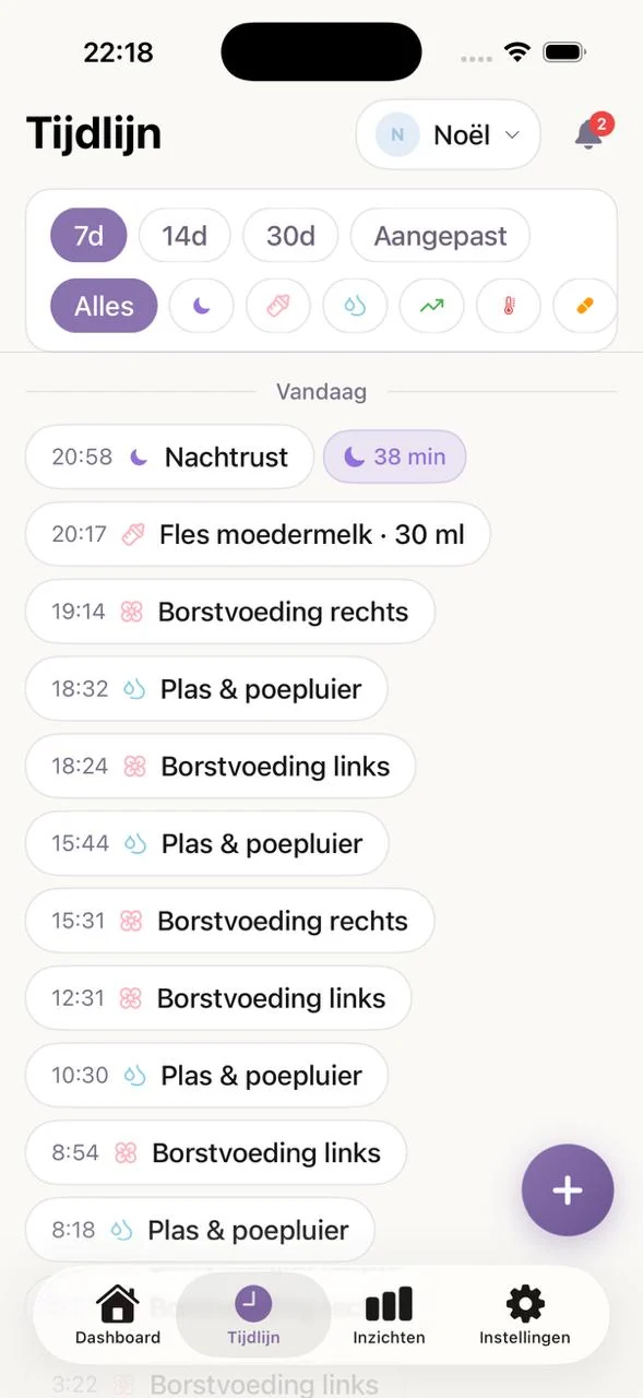 BabyNoel tijdlijn met baby logs